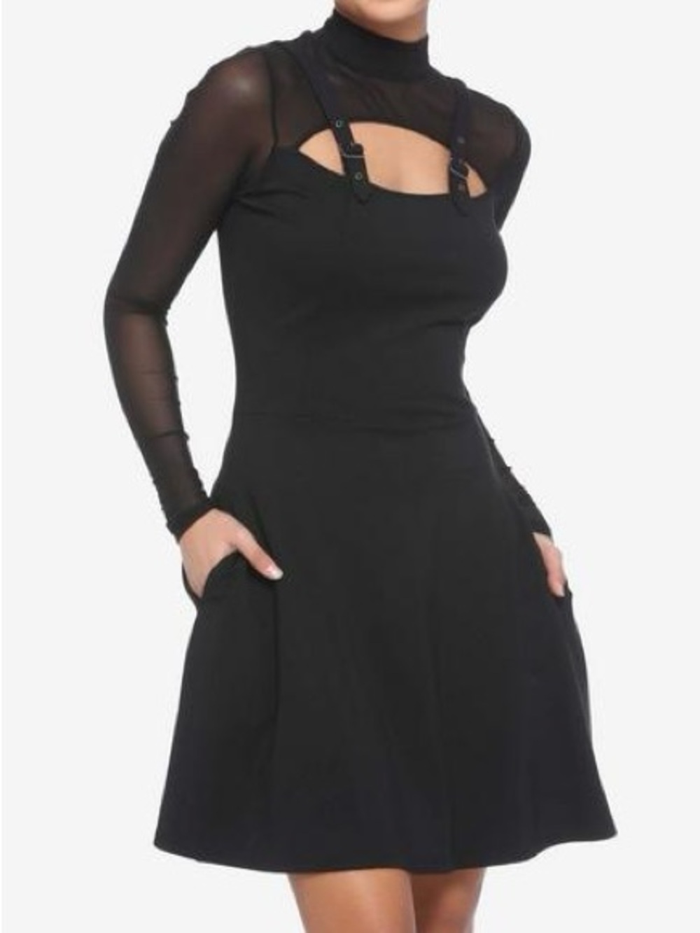 Hot Topic Black mesh and buckle Long Sleeve Cutout A-Line Dress